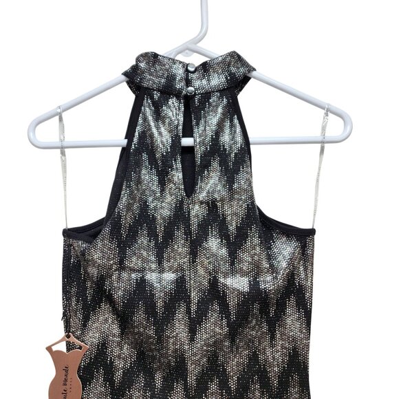 Chevron Print Bodycon Mini Dress Halter Neck Keyhole Back Haute Black Silver M - Picture 5 of 10
